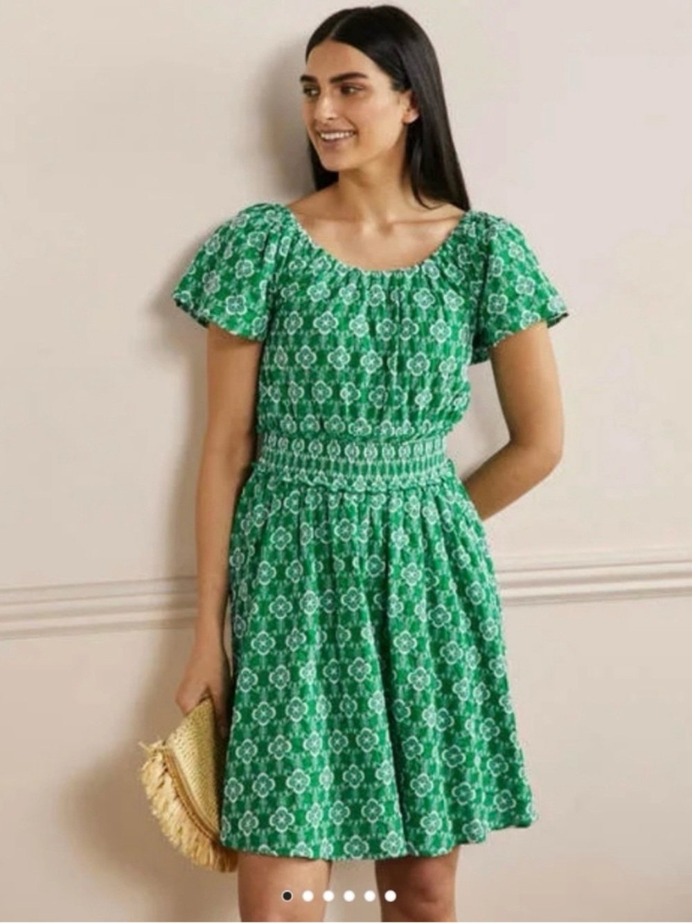 Boden Green Floral Embroidered Smocked Waist Women's Dress
